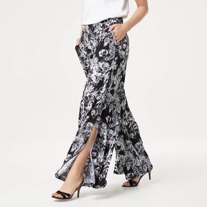 NEW GILI Black Floral Toile Jetsetter Side Slit Wide Leg Pants XS